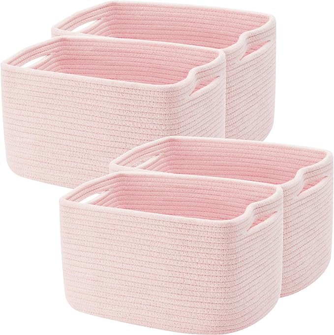 Set of 4 Pink Rope Basket for Shelves Woven Rectangle Storage Basket Bins for Nursery Toy Storage for Baby Girl