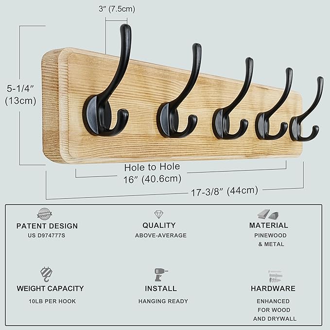 Dseap Coat Rack Wall: Patented, Heavy-Duty, 5-Double-Hooks Wooden Wall Mounted Coat Rack Coat Hanger Hook Rail for Winter Coats Hat Jacket Clothing, Light Brown