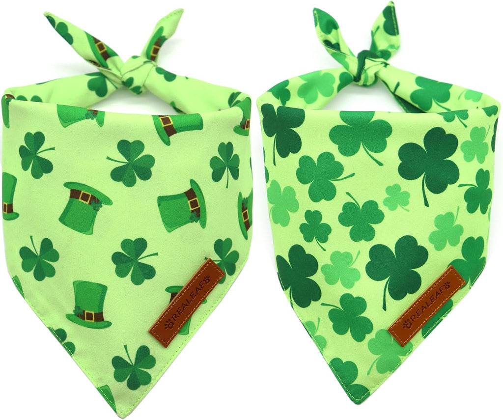 Realeaf St. Patrick's Day Dog Bandanas 2 Pack, Triangle Reversible Pet Scarf for Boys and Girls, Premium Durable Fabric, Holiday Bandana for Medium and Large Dogs (Large)