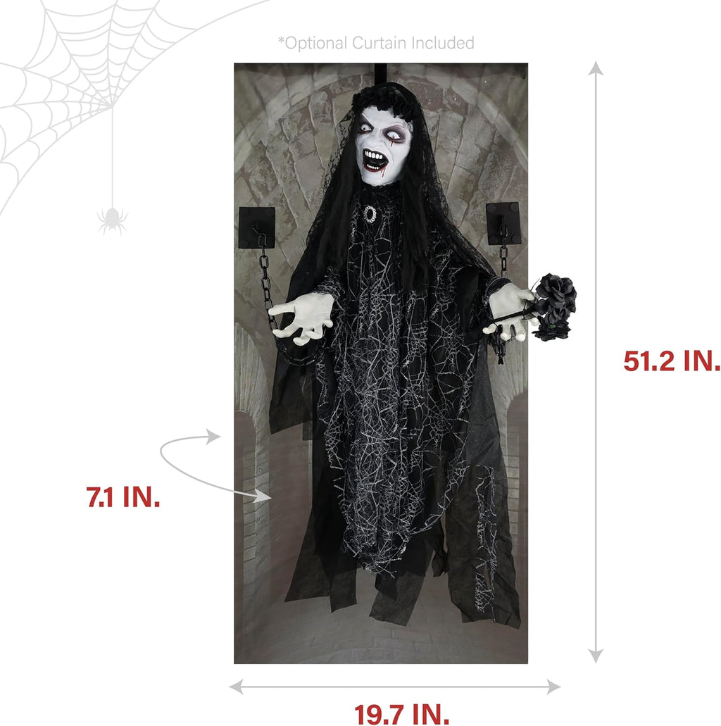 Haunted Hill Farm Animatronic Scary Demon Widow Door Greeter with Touch Activated Lights and Sound, Battery-Operated Indoor or Covered Outdoor Halloween Decoration