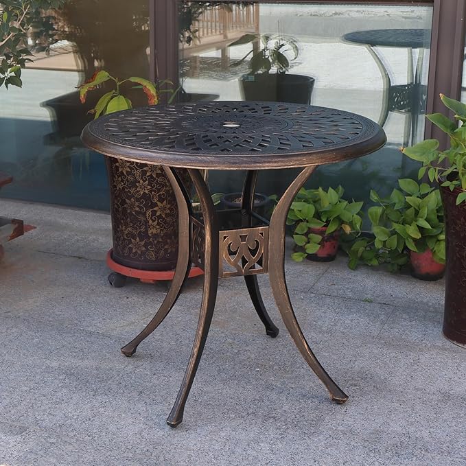 30.3" Patio Bistro Table Cast Aluminum Patio Table,Metal Patio Dining Table with Umbrella Hole,All Weather Outdoor Bistro Dining Table for Backyard, Garden, Balcony, Bronze