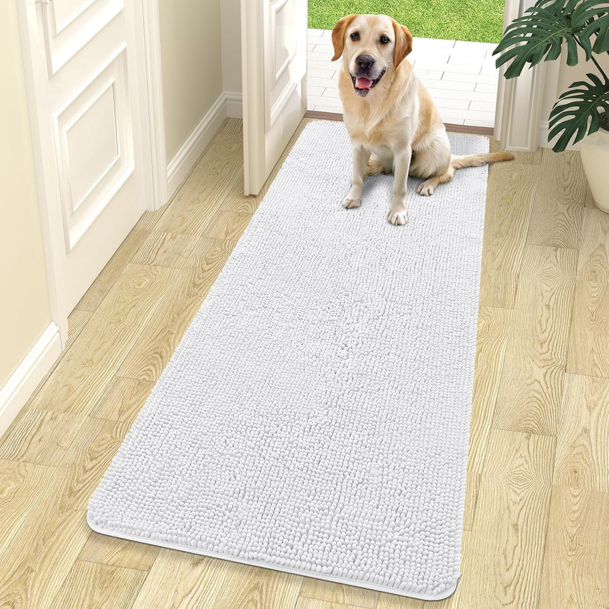 OLANLY Dog Door Mat for Muddy Paws 70x24, Absorbs Moisture and Dirt, Absorbent Non-Slip Washable Doormat, Quick Dry Chenille Mud Mat for Dogs, Entry Indoor Entryway Carpet for Inside Floor, White