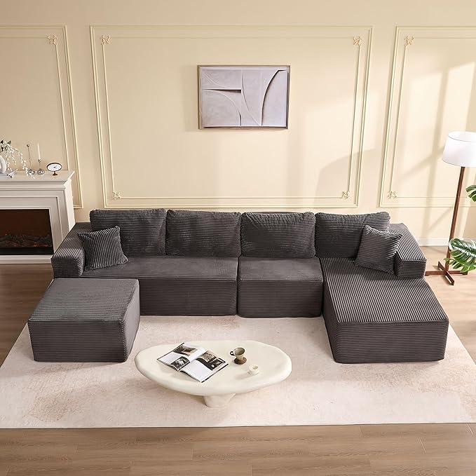 138" Boneless Couch with Deep Seat, Modular Sectional Sofa, Cloud Sectional Couch for Living Room, No Assembly Required, Corduroy, U-Shape 4 Seater Right, Gray