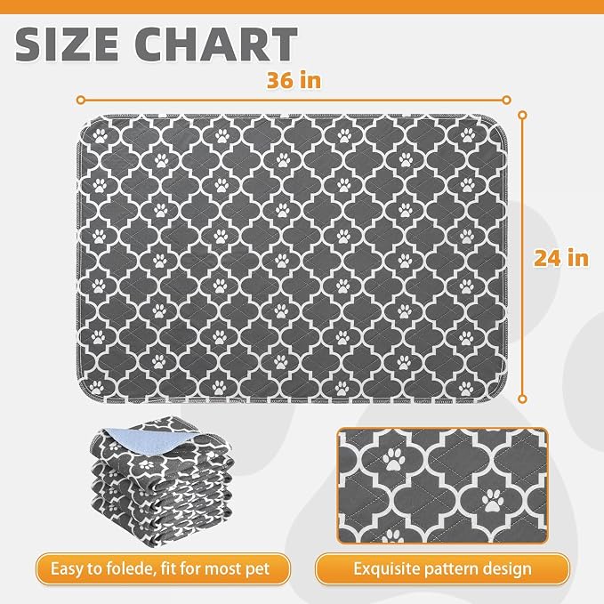 KOOLTAIL Washable Pee Pads for Dogs, 4 Packs Super Absorbent Leakproof & Non-Slip Dog Pee Pad Large, Reusable Puppy Training Pads Waterproof, Pet Mat Rug for Whelping,Floor,Crate, Car, Cats, 24"x36"