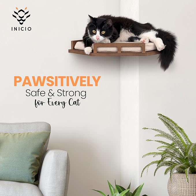 INICIO Cat Wall Shelves - Modern and Durable 3 Step Cat Furniture for Wall - Stylish Birch Floating Shelf for Cats up to 15lbs - Wooden Corner Shelves with Cushioned Perch - Brown