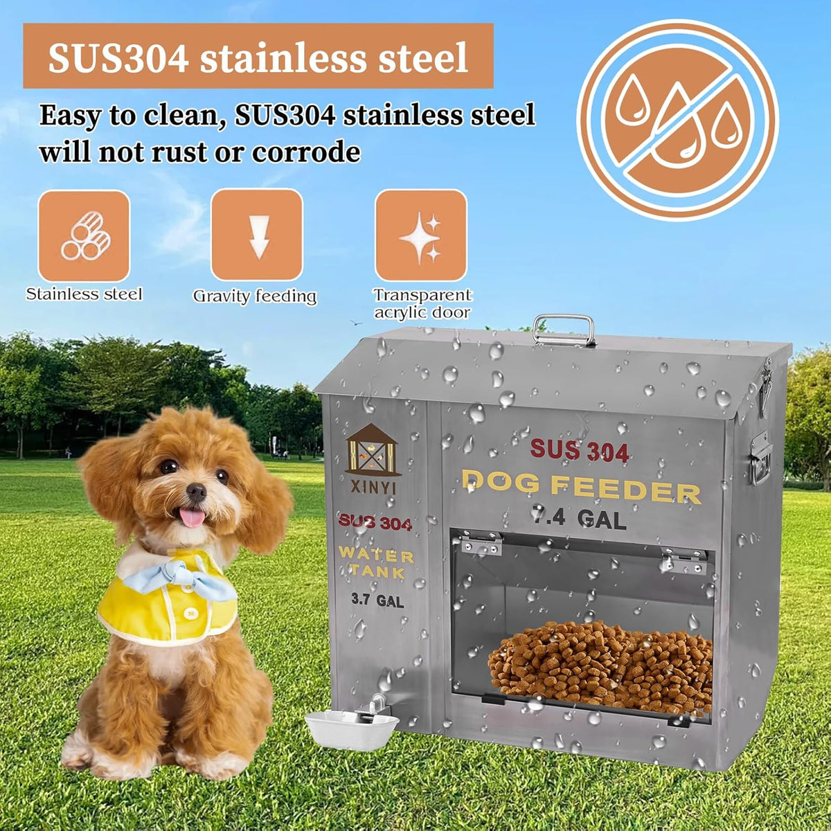 XINYI Automatic Dog Feeder and Waterer 2-in-1,SU304 Stainless Steels 3.7 Gallon Water Tank with 1 Aluminum Alloy Water Cup, 7.4 Gallon Dog Food Dispenser,Automatic Feeder for Pets, Breed, Cat