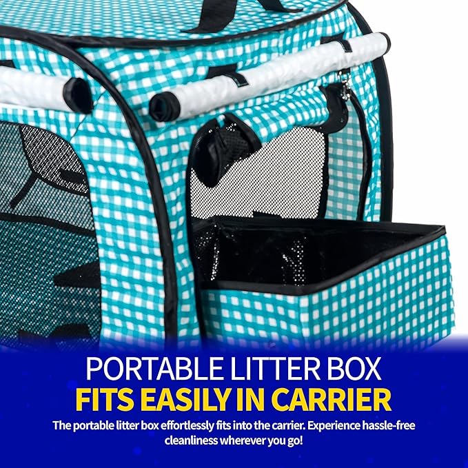 Pet Fit For Life Extra Large Cat Carrier for Travel - Foldable & Portable Collapsible Kennel with Litter Box, Feather Toy & Water/Food Bowl - Ideal for Cars, Long Trips & Indoor Cats - Teal Checkers