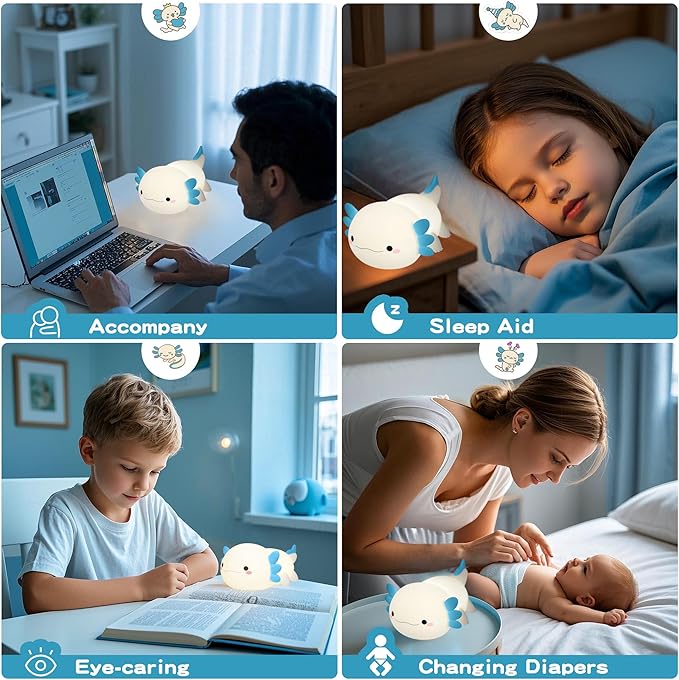 Axolotl Night Light,Cute Axolotl Lamp,Food Grade Silicone Nursery Nightlight,Rechargeable/Dimmable LED Squishy Novelty Animal Bedside Touch Lamp,Baby Room Decor, Axolotl Gifts for Kids/Boys