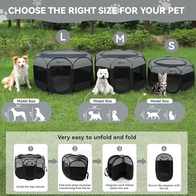 Siedihit Dog Cat Playpen with Washable Pee Pad, Puppy Pet Playpen | Indoor for Small Dog Crate Tent Cage Outdoor, Portable Pop Up Dogs Enclosure Kennel with Carrying Case,Dark Grey
