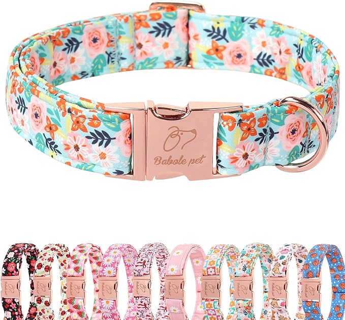 Floral Dog Collar - Cute Summer Flowers Dog Collars for Medium Dogs, Durable Adjustable Male Female Puppy Collar with Metal BuckleM