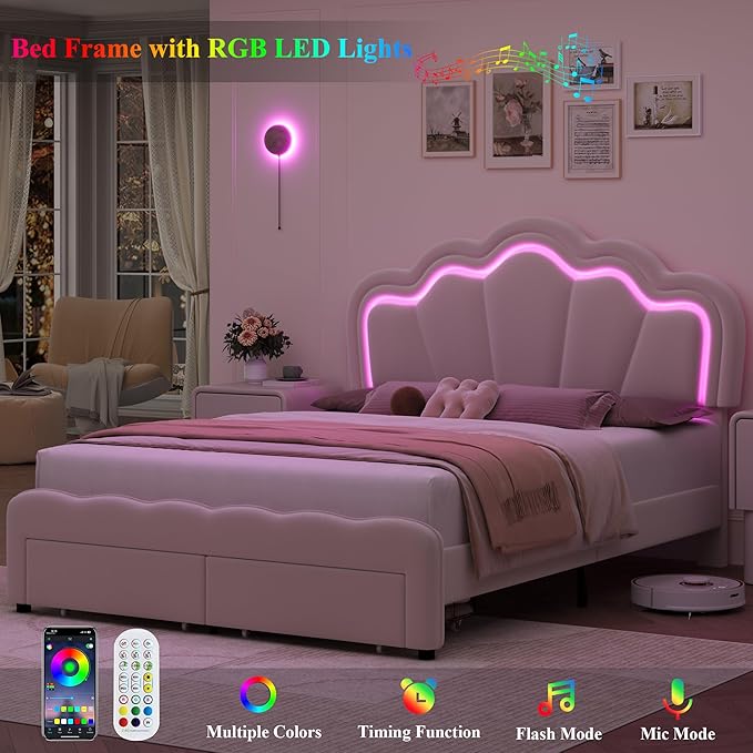 HOSTACK Full Upholstered LED Bed Frame with Storage Drawers, Cute Girls Bed with Adjustable Lotus Headboard, Velvet Princess Platform Bed Frame, Wooden Slats Support, No Box Spring Needed, Cream