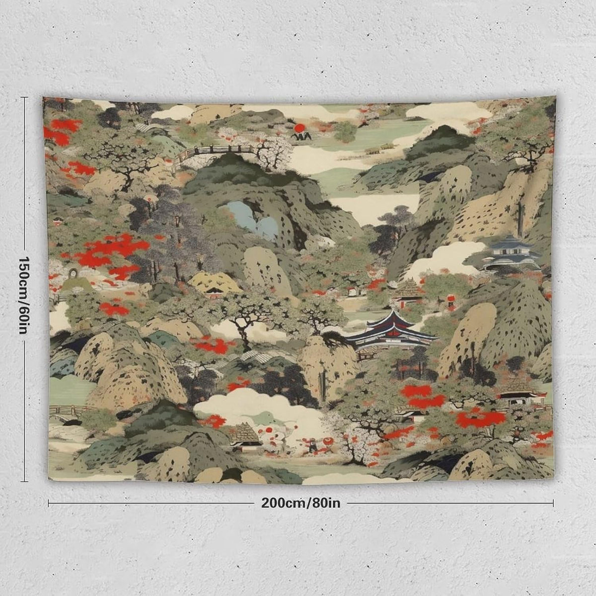 Asian Tapestry,Japanese Red Landscape Asian Watercolor Abstract Art Tapestry, Asian Japanese Wall Tapestry, Nature Landscape Tapestries for Bedroom Living Room Decor 80"x60"