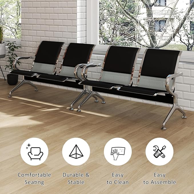 Kinfant Waiting Room Chairs Set- 2-Seat PU Leather Office Chair Guest Reception Waiting Room Bench Furniture for Airport, Hospital, Bank, Salon, Barbershop(Black, Set of 2)
