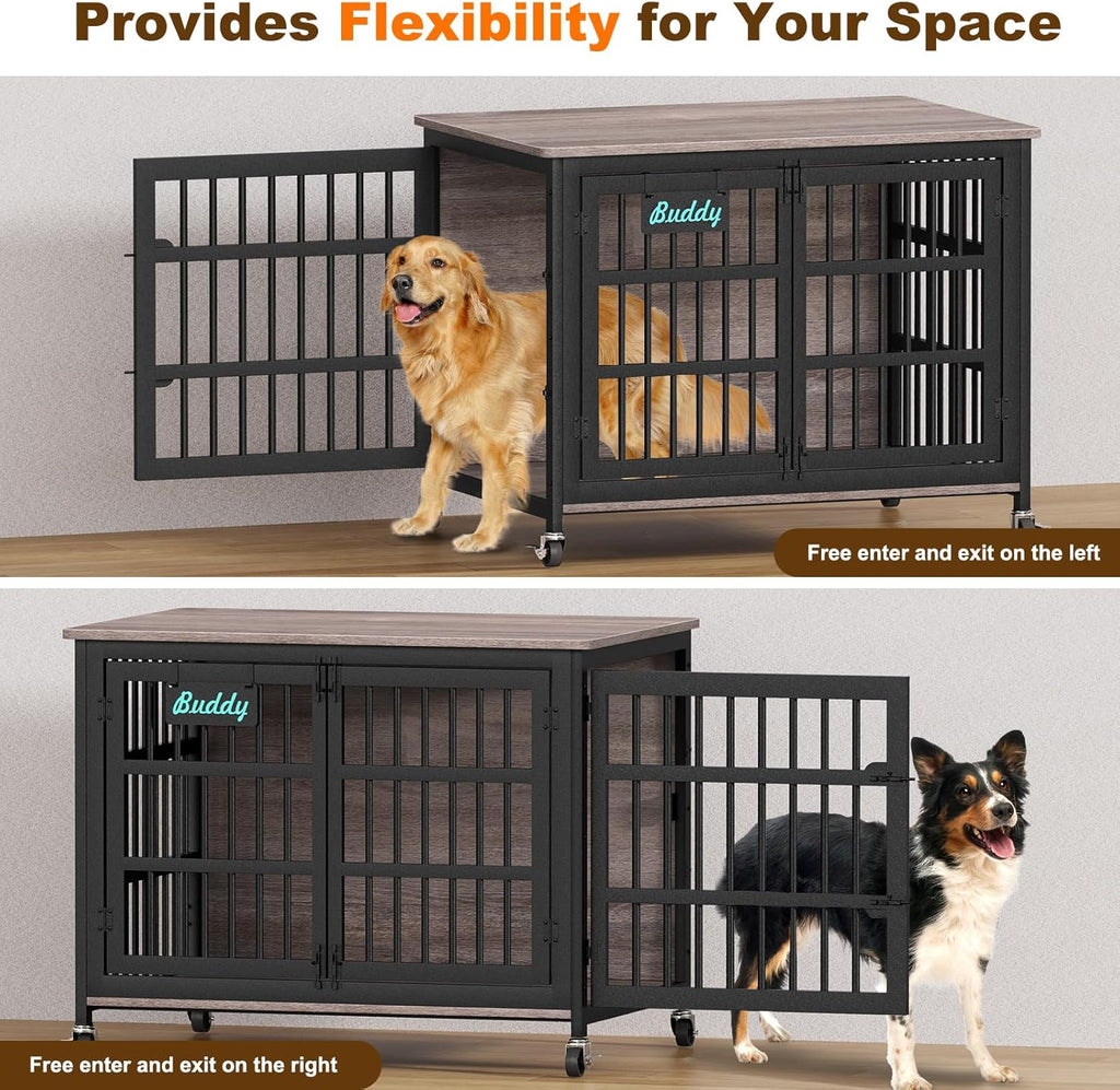 EasyCom 42"/41"/33" XL Dog Crate Furniture with Casters, Heavy Duty Dog Kennel Indoor for Large and Medium Dogs, Double-Doors Sturdy Dog Cage for Anxiety Dog, Decorate House as TV Stand, Bedside Table