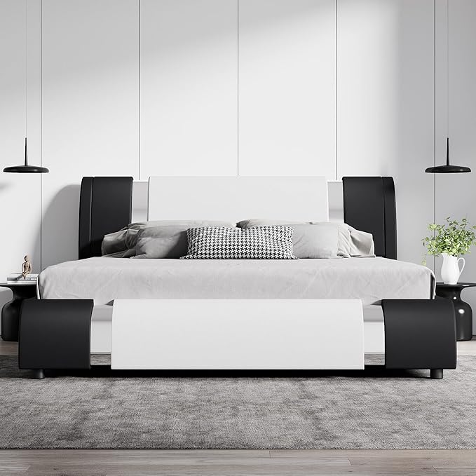 SHA CERLIN Modern Faux Leather King Bed Frame with Adjustable Headboard and Iron Accents, Deluxe Upholstered Platform Bed with Solid Wooden Slats Support - White + Black