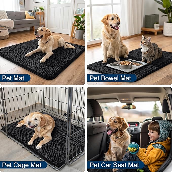 Smiry Dog Door Mat for Muddy Paws 70x32, Absorbs Moisture and Dirt Doormat, Non-Slip Washable Quick Dry Chenille Front Door Mat Indoor Entrance, Entryway Carpet for Inside Floor, Black