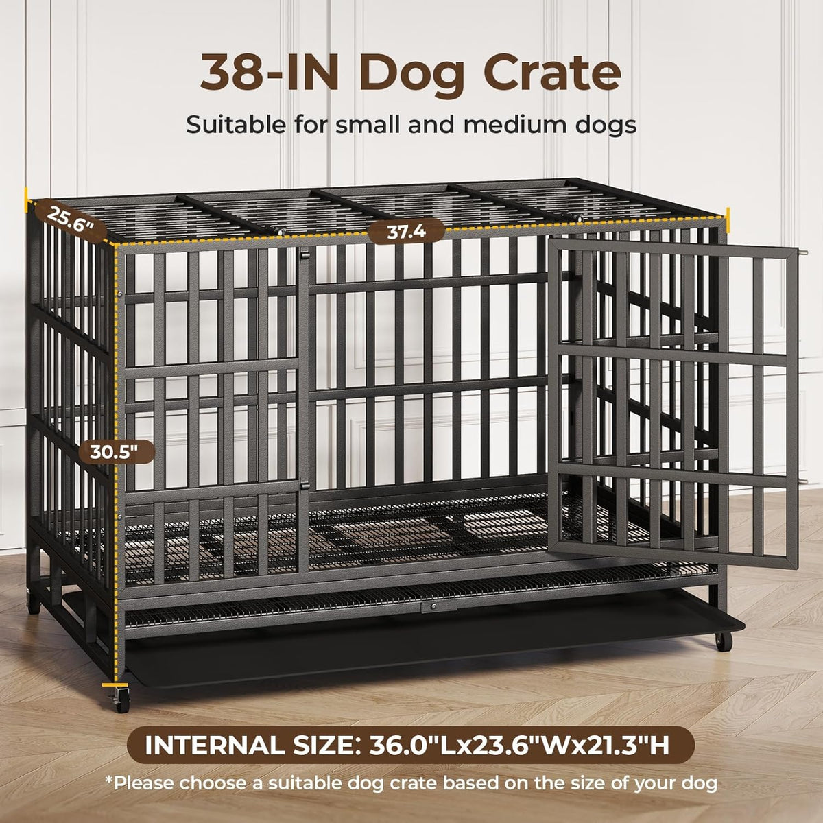 48/42/38 Inch Heavy Duty Indestructible Dog Crate,Escape Proof Dog Cage Kennel for Small Medium Dogs Indoor Double Door Dog Crate with Wheels, Lock& Removable Tray