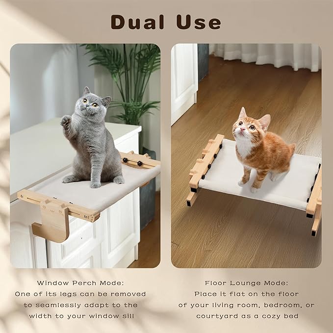 Laveivert 2-in-1 Cat Sill Window Perch, Cat Window Seat for Small & Large Cats, Nartural Color Wood & Metal Frame Cats Indoor Hammock Free-Standing, Easy to Adjust Windowsill