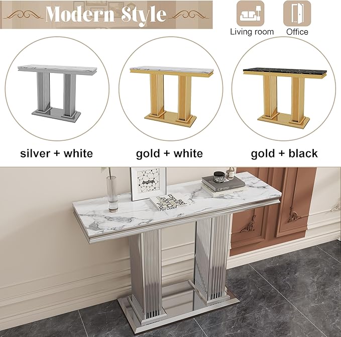 47" Marble Console Table, Modern Entryway Table with Pillar Stainless Steel Base, Rectangle Faux Marble Sofa Table for Living Room, Hallway, Foyer, White Silver