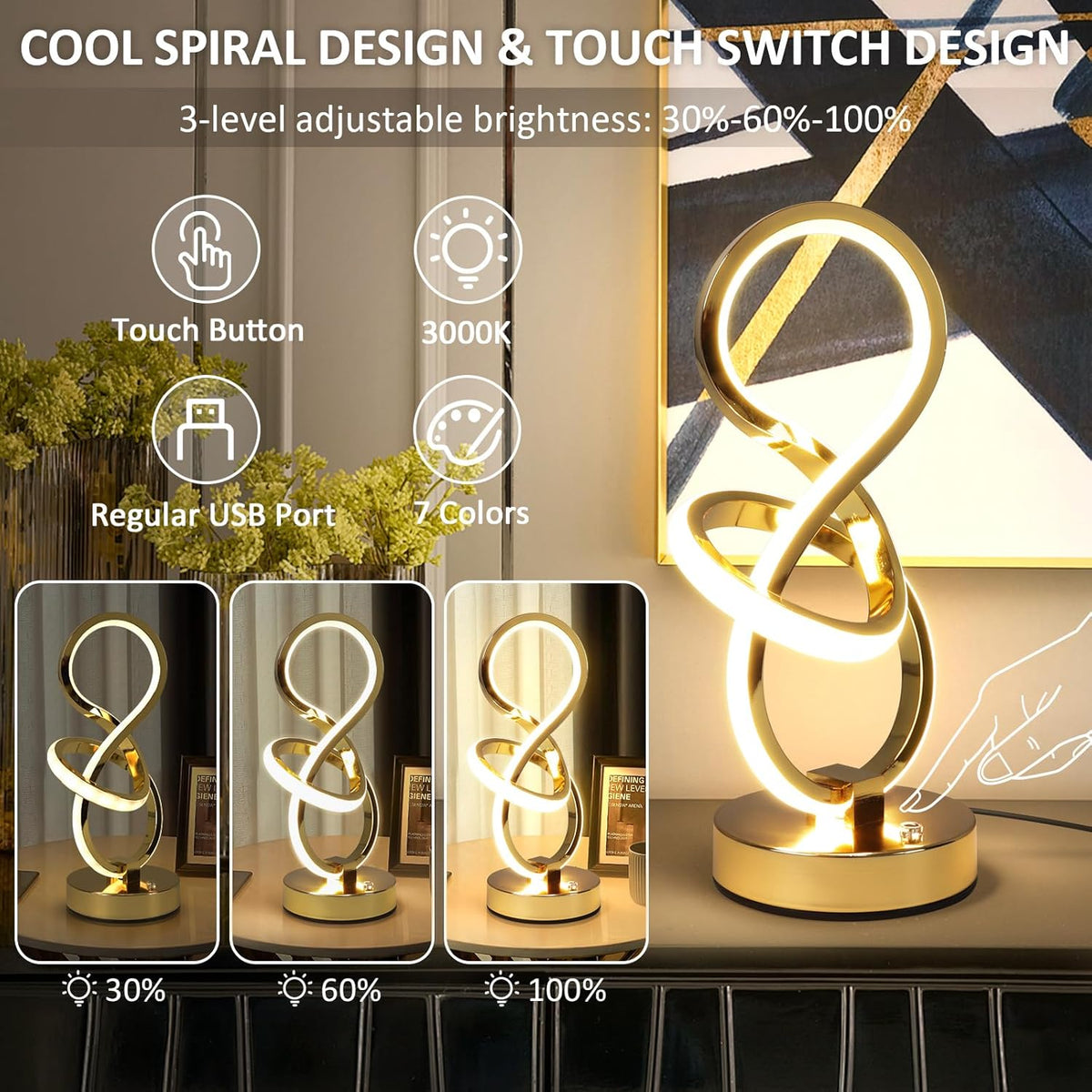 Modern Spiral Table Lamp, 7 Colors 10 Light Modes LED Nightstand Small Lamp with USB C+A Ports, Touch Dimmable Lamps for Living Room Bedroom Bedside, Unique & Cool Lamps,Gold