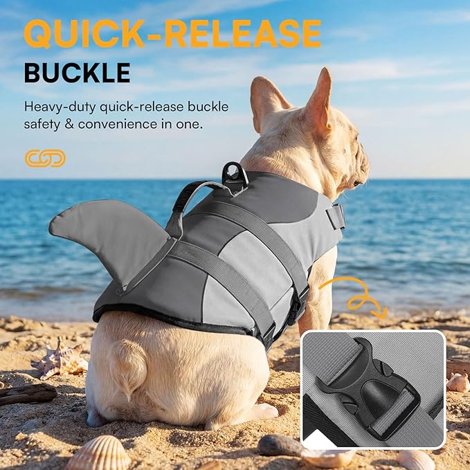 Dog Life Jacket Ripstop Shark Dog Safety Vest Adjustable Preserver with High Buoyancy and Durable Rescue Handle for Small,Medium,Large Dogs, Grey Shark Large