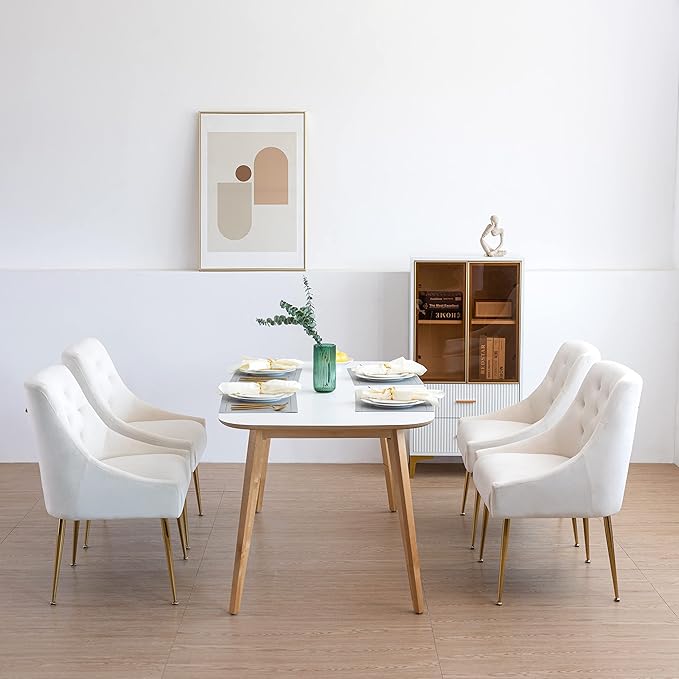 Modern Dining Chairs Set of 2, Mid Century Chairs with 5.12” Cushions and Golden Legs, Velvet Upholstered Dining Chairs with Back Pull Rod, for Kitchen, Living Room (Beige)