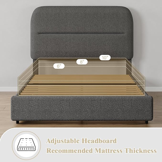 HOMBCK Twin Bed Frames, Upholstered Twin Bed Frame with Rounded Headboard, Soft Modern Twin Size Boucle Bed Frame with Thickened Footboard, Rounded Corners, No Box Spring Needed, Easy Assembly, Grey