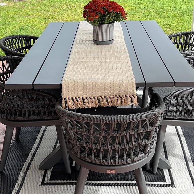 PURPLE LEAF 7 Pieces Outdoor Dining Set All-Weather PE Rattan Outdoor Patio Furniture Set with All Aluminum Frame Rectangular Table and Chairs Set for Lawn Garden Backyard Deck, Grey