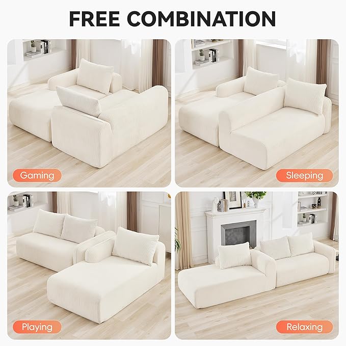 103'' Boneless Corduroy L Shaped Couch, 3 Seat Modular Sectional Deep Seat Sofa with Chaise Lounge, No Assembly Cloud Lounge Sleeper Sofa, White
