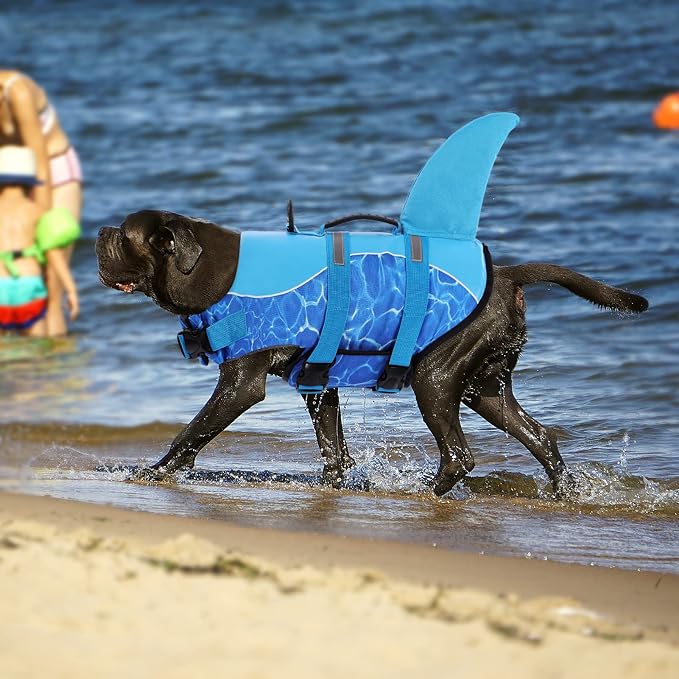 Shark Dog Life Jacket, High Buoyancy Swimming Vest, Adjustable Easy-On Dog Life Jackets for Dogs (Blue, XS)