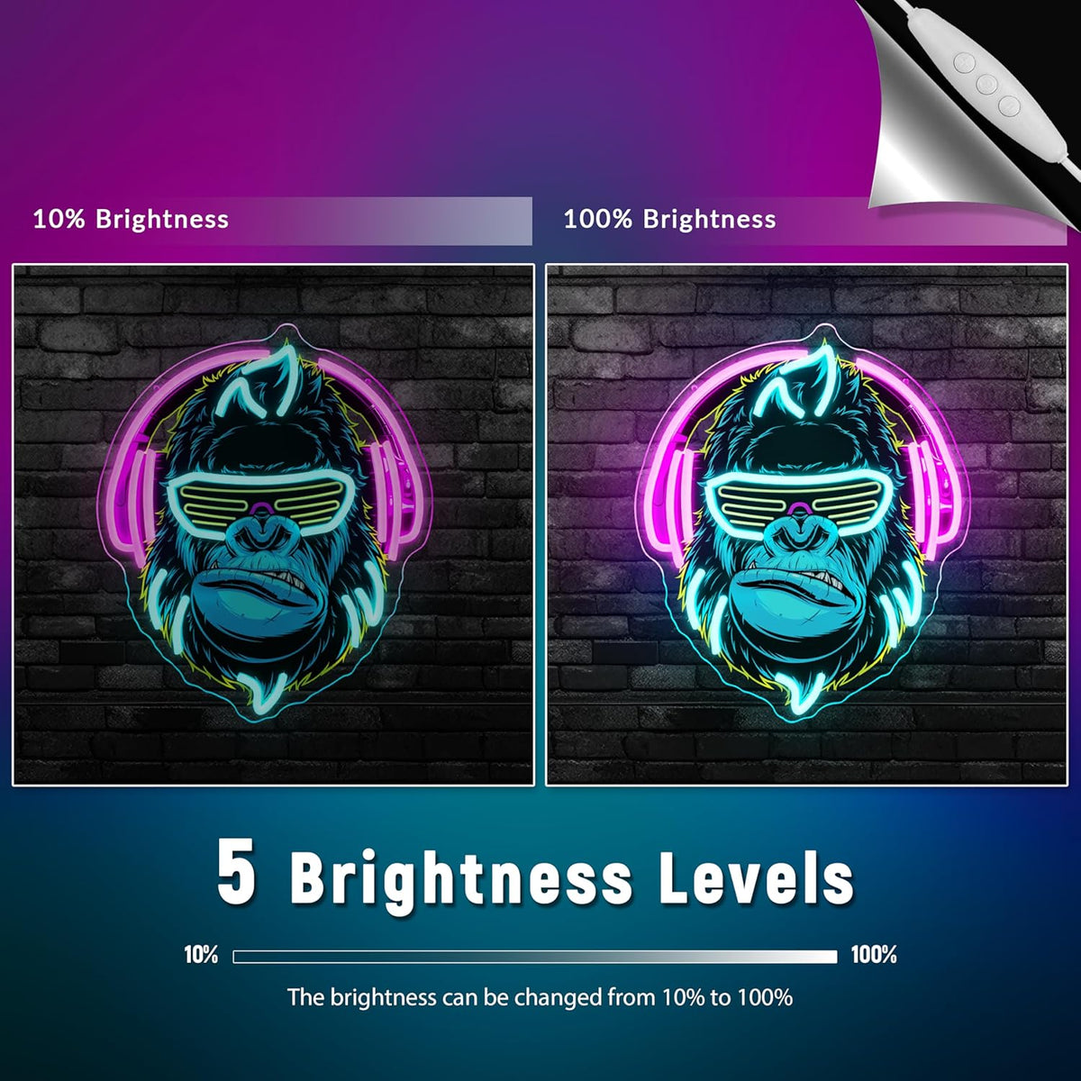 Headphones Gorilla Neon Sign Dimmable Kong Led Neon Light for Wall Decor,Game Room,Man Cave,Home Party Bar Decor,USB Powered Led Sign