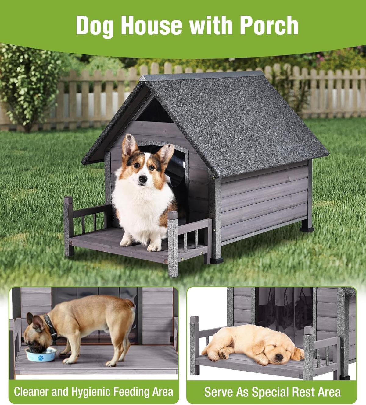 GUTINNEEN Dog House Outdoor Weatherproof with Porch, Puppy Shelter Indoor with Anti-Bite Design, PVC Curtain, Asphalt Roof, Elevated Waterproof Base, for Small to Medium Dogs - Grey