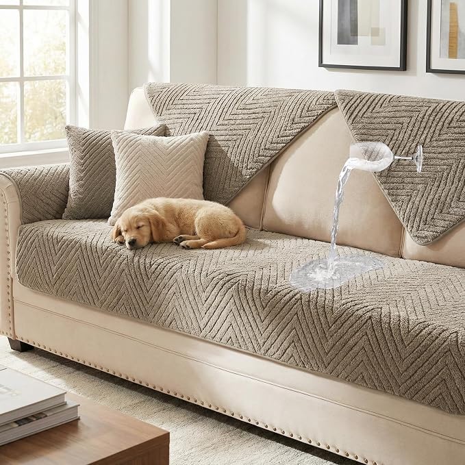 Turquoize Waterproof Couch Cover for Dogs Fuzzy Pet Couch Covers for Sofa Thick Dog Bed Cover Non-Slip Sofa Covers for 3 Cushion Couch Protector Slipcover Pet Friendly (Khaki, 36" x 84")
