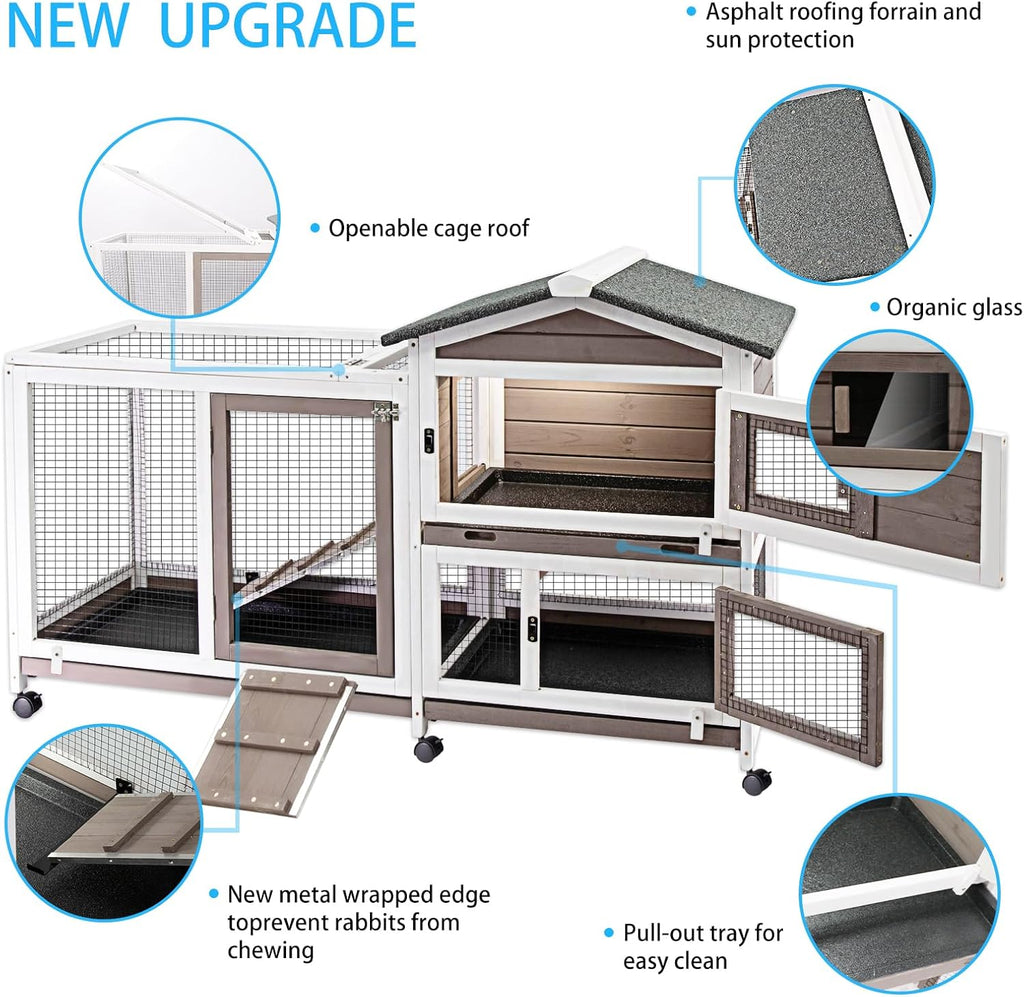 Rabbit Hutch Indoor Outdoor Two Story Bunny Hutch with Wheels Guinea Pig Cage with Removable No Leaking Tray Wooden Pet House