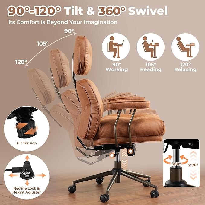ovios Ergonomic Home Office Chair, Mid-Century Modern Faux Leather Chairs with Thickened Cushions, Comfy High Back Swivel Rolling Executive Computer Armchair (Brown, Suede Leather)