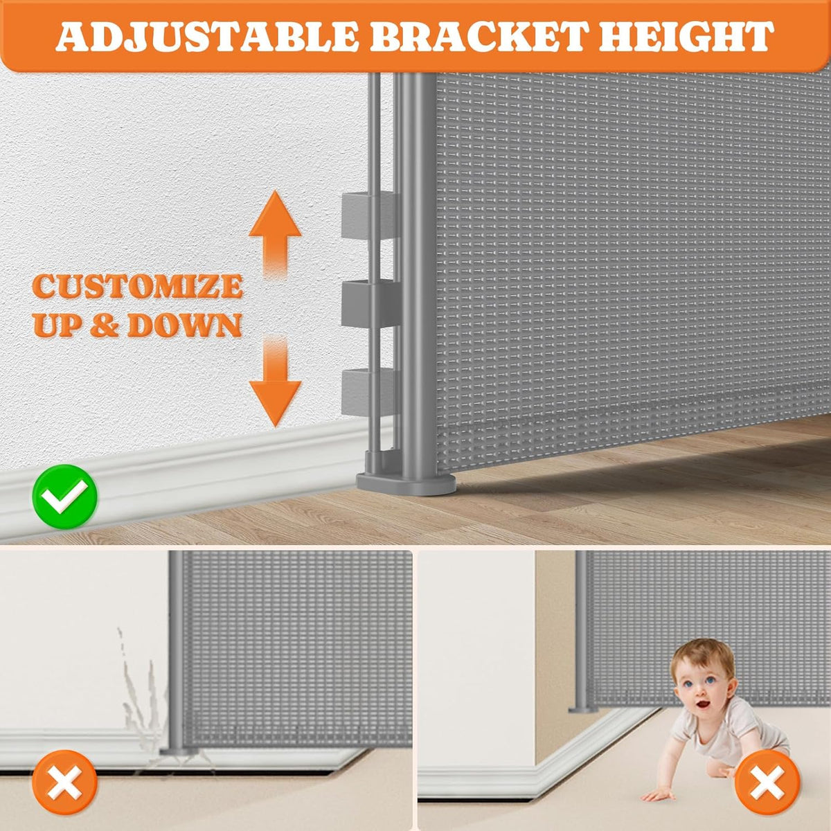 Upgrade Retractable Baby Gates, 35" Tall Extends up to 60" Wide, Mesh Dog Gate Indoor for Stairs, Outdoor Reinforced Pet Gate with Support Rods for Doorways Hallways Kitchen Bedroom, Grey