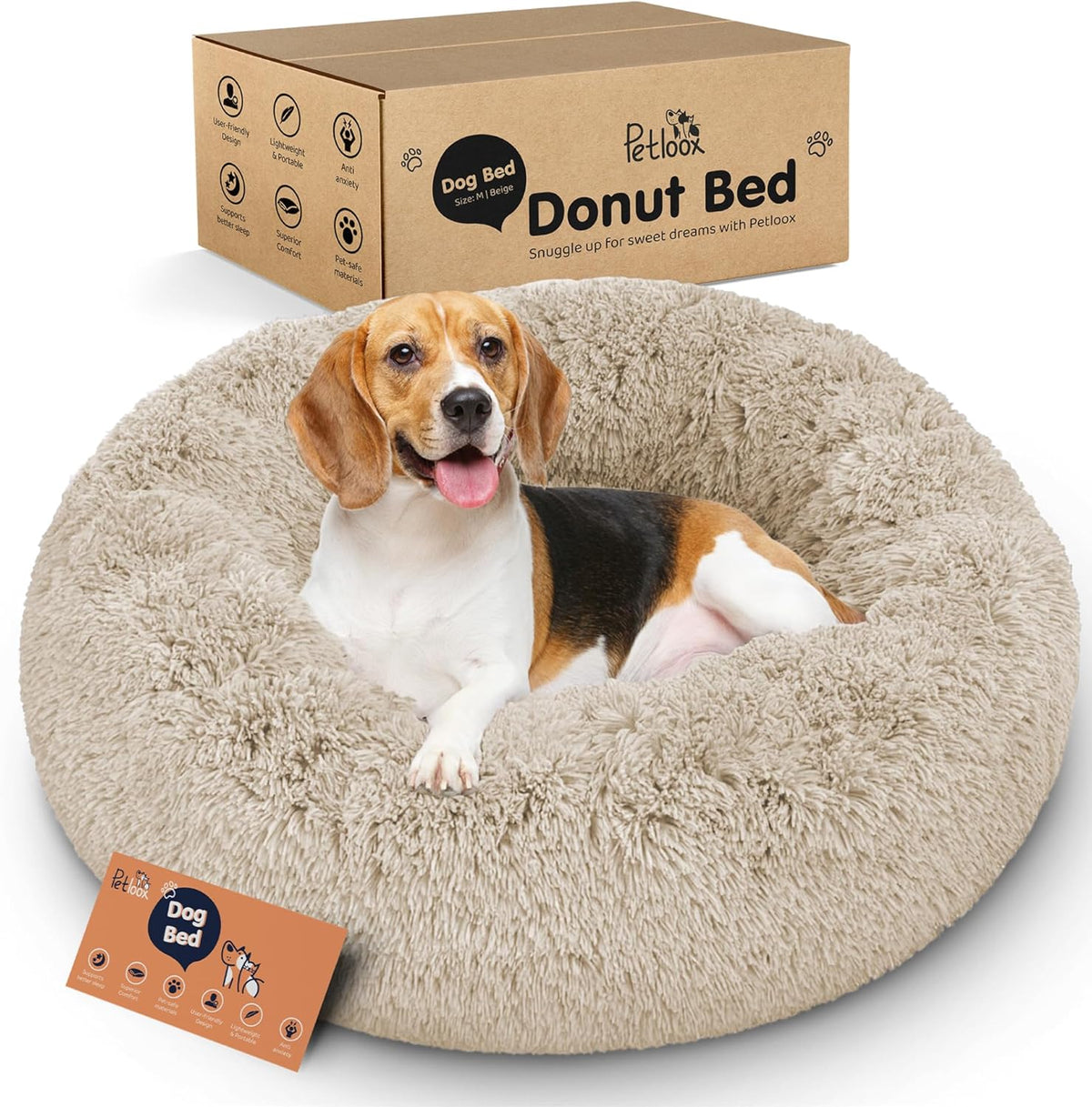 Donut Dog Bed - Premium Comfort for Anxiety Relief - Fluffy & Calming Design with Ultra-Plush Support | Cozy Round Dog Bed with Super Soft Circle Style (Size M Beige)