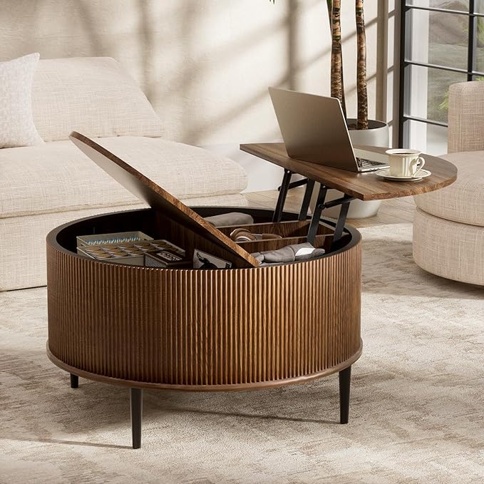 Yechen 31.5" Round Coffee Table with Storage,Fluted Lift Top Center Table, Midcentury Modern Flip-top Curved Table for Living Room,Walnut