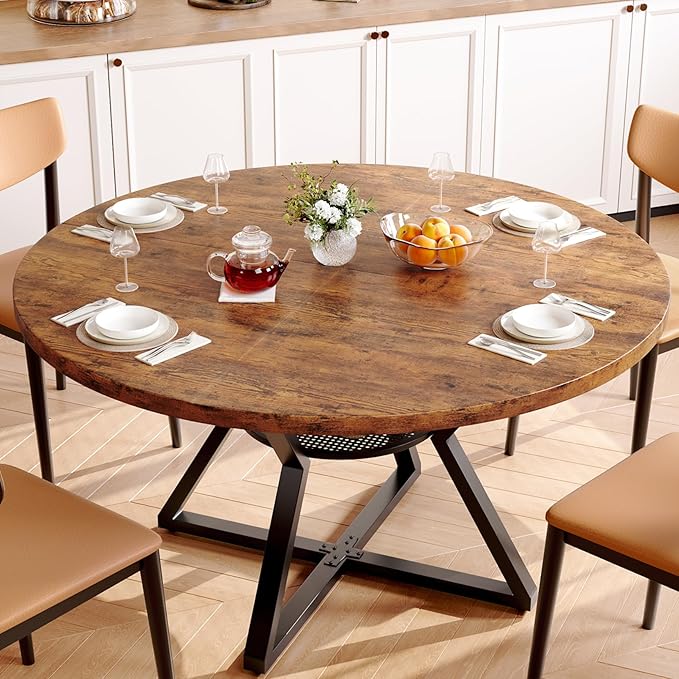 Concho 47" Round Kitchen Dining Room Table for 4-6,Circle Dining Dinner Table with Pedestal Metal Frame,Space Saving Wood Kitchen & Dining Room Furniture, Rustic Brown