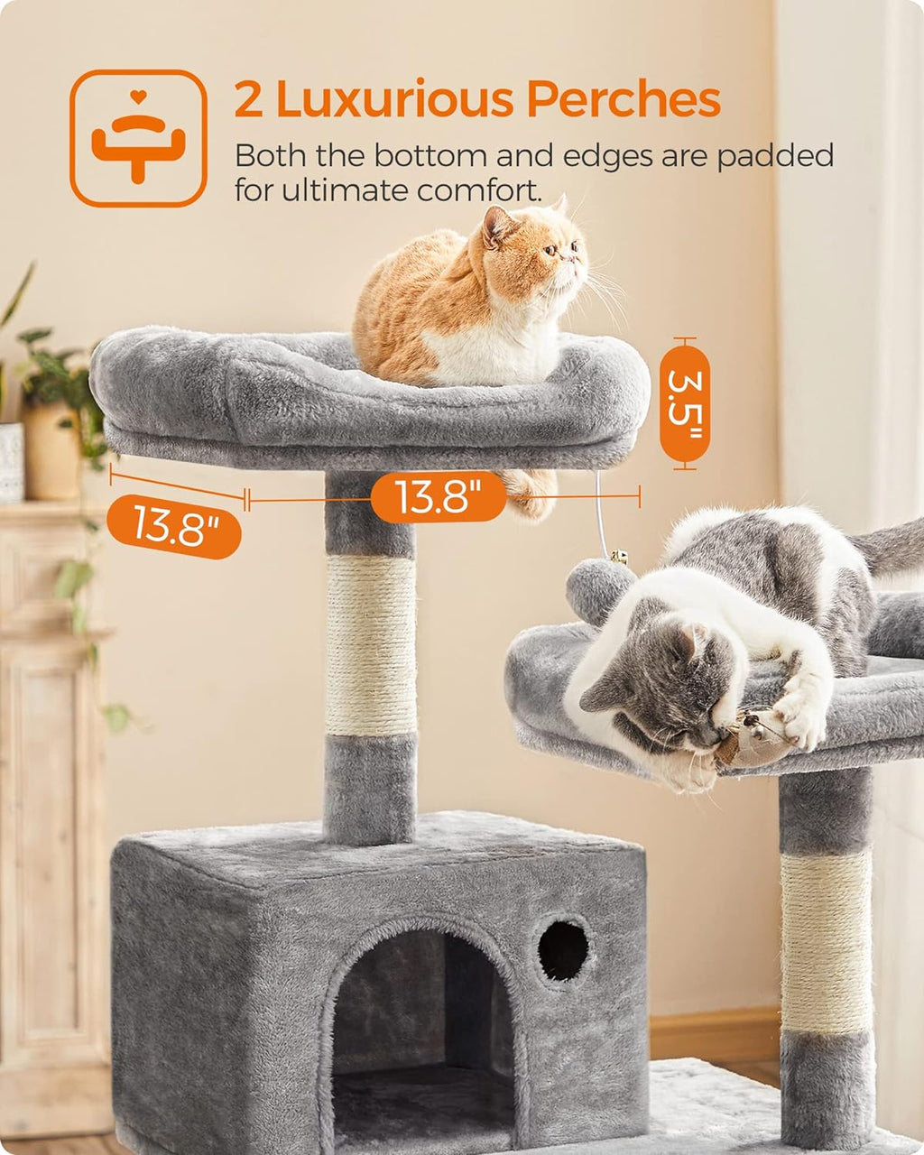 FEANDREA Cat Tree, Cat Tower for Indoor Cats, 56.3-Inch Cat Condo with Scratching Posts, Hammock, Plush Perch, Light Gray UPCT15W