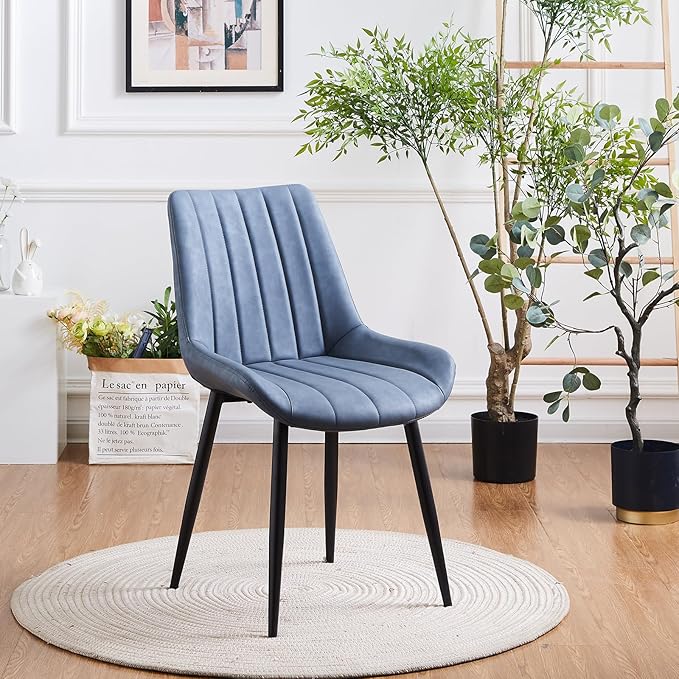 Dining Chairs Set of 4, Faux Leather Modern Linear Design Dining Chair with Metal Legs, 16.9" Seat Width Chair for Kitchen, Lounge, Reception Room, Restaurant, Commercial (Haze Blue)