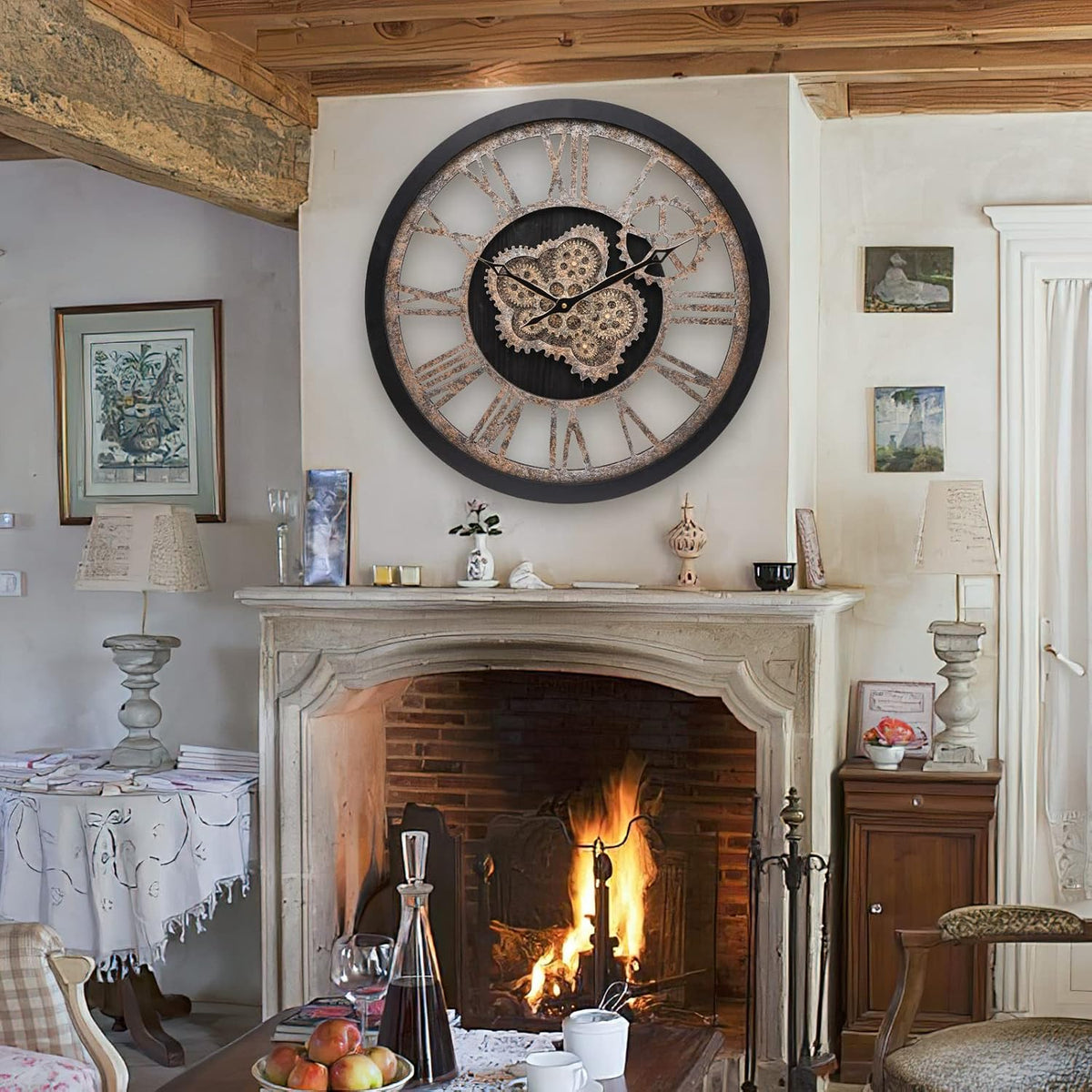 HOIBAI Large Wall Clock, Wall Clocks for Living Room Decor 20 Inch Farmhouse Vintage Rustic Kitchen Wall Decor Vintage Roman Oversized Wall Clock for Home Bedroom House Office, Moving Gears Clock