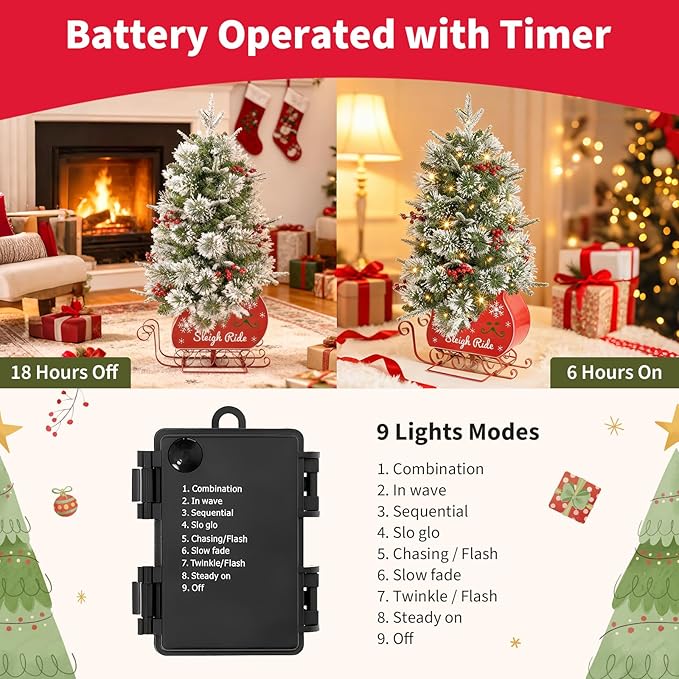 Small 3FT Pre-Lit Snow Flocked Christmas Tree with Twinkling Lights for Home Office Christmas Decor- Battery Operated & Timer (Sleigh Base)