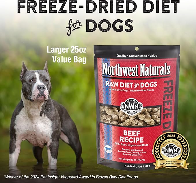 Northwest Naturals Freeze-Dried Beef Dog Food - Bite-Sized Nuggets - Grain-Free, High-Protein, Raw Diet, Human-Grade Ingredients, All Natural, Premium Quality, Healthy & Nutritious, Made in USA, 25 Oz