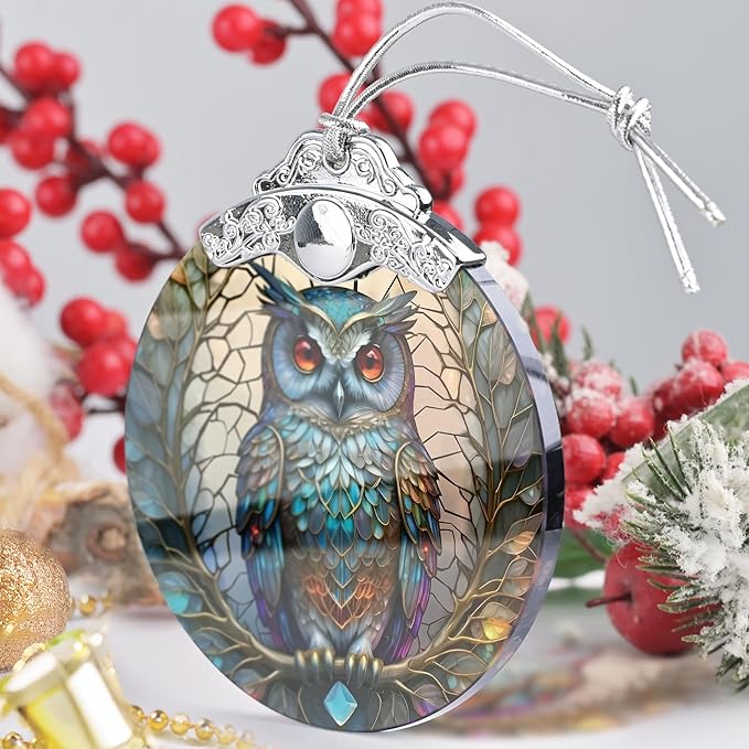 Owl Christmas Ornament - Stained Glass Hanging Tree Decoration, Holiday Home Decor, Gift Exchange Idea