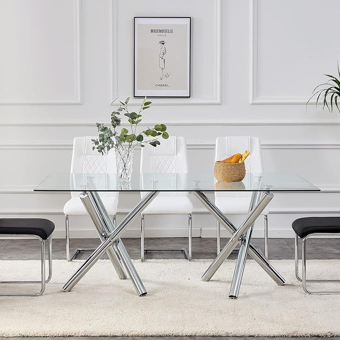 Modern Glass Dining Table for 6-8, Rectangular Glass Kitchen Table with Tempered Glass Tabletop and Silver Chrome Metal Legs for Kitchen Dining Room (Silver2)