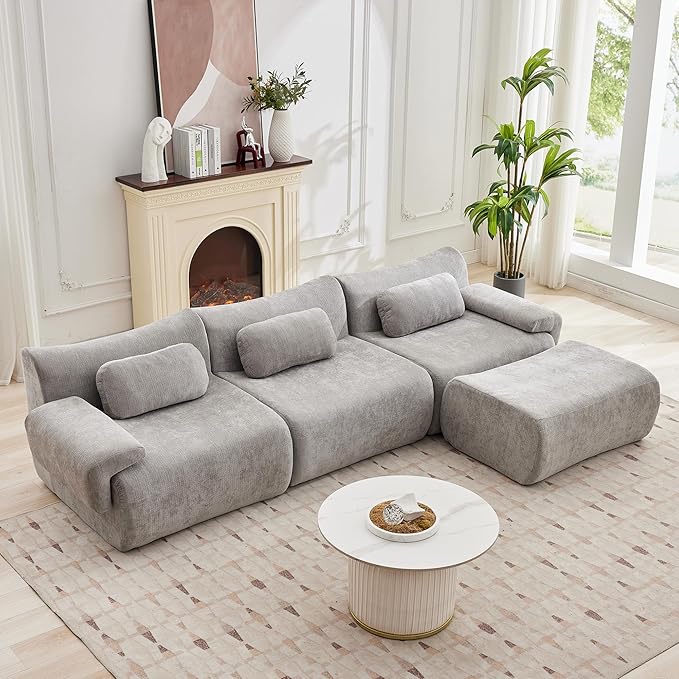 117”L Shaped Modern Sofa Modular Sectional Cloud Couch with Ottoman,Oversized Boneless Sofa,3+1 Seater Chenille Deep-Seat Sofa with 3 Pillows,Suitable for Living Room or Bedroom (Grey)