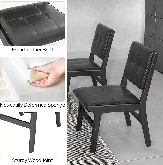 KCC Modern PU Leather Dining Chairs Set of 4, Upholstered Kitchen Chairs with Solid Wood Legs and Comfortable Seat for Dining Room/Lounge/Bedroom(Black)