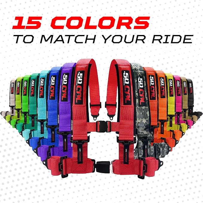 1pc 50 Cal Red 4 Point Harness 3in Straps, Racing Harness Seat Belt | Ultra Kush padding, Push Button quick release hardware. Universal Fit for UTV, RZR, race car.