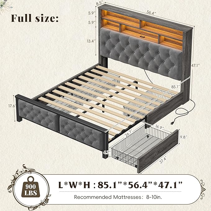 EnHomee Full Size Bed Frame with 4 Storage Drawers and Headboard Upholstered,Wooden Full Bed Frame with Charging Station and LED Light,NO Noise,No Box Spring Needed,Gray
